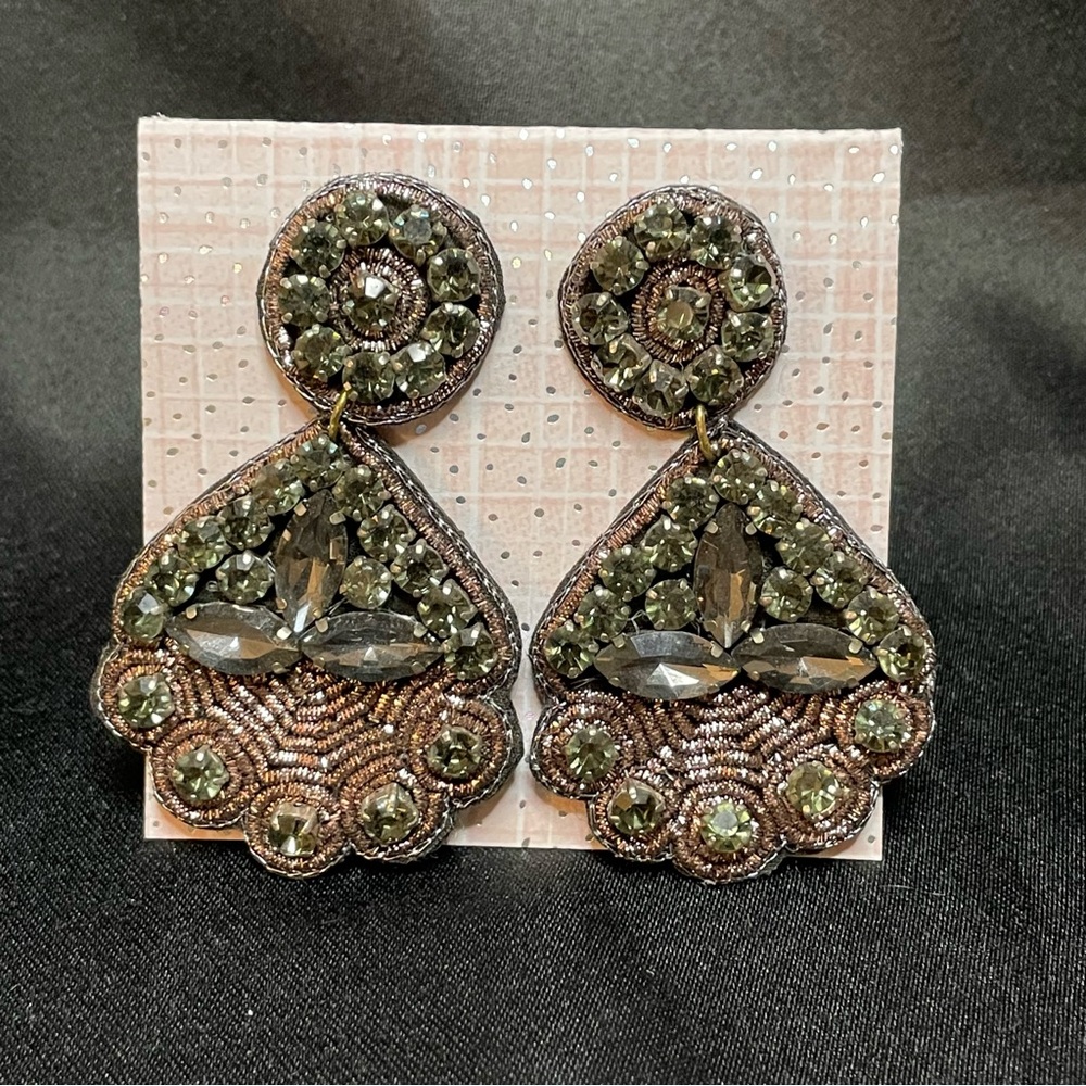 Intricate Crystal Beaded Drop Earrings in Hues of Green, Silver and Gold